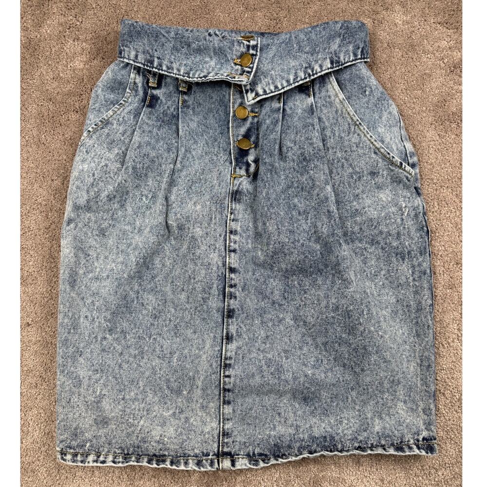 Vtg Acid Wash Denim Skirt Size 4 USA Helium 80s Fold Over Waist Button Knee